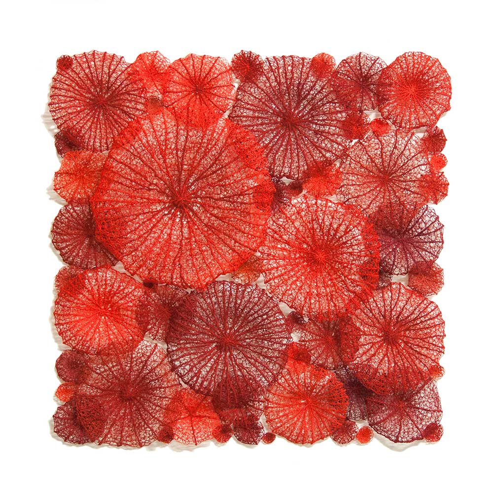 Meredith Woolnough, Scribbly Gum Leaf (installation). 2014. broidery on  water-soluble fabric. Embroidery thread and pins. 